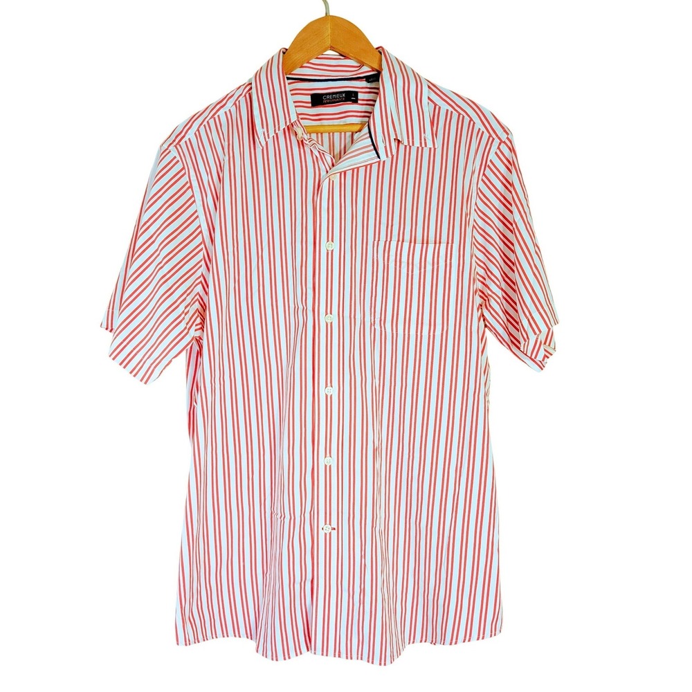Cremieux Red White Striped Button Down; Performance Short Sleeve Shirt Large